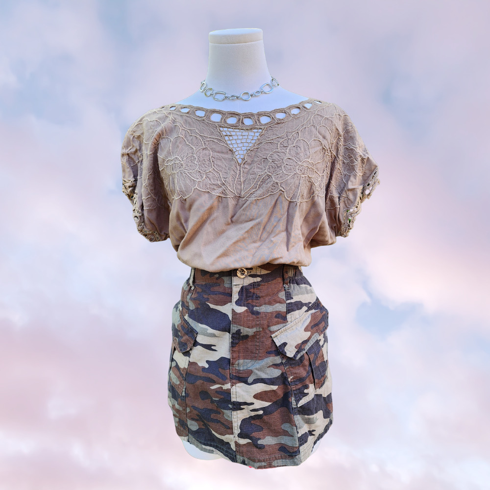 Vtg Jane Ashley Tan Beige Embroidered Floral Cutout Boho Hippie Mesh Top Sz M